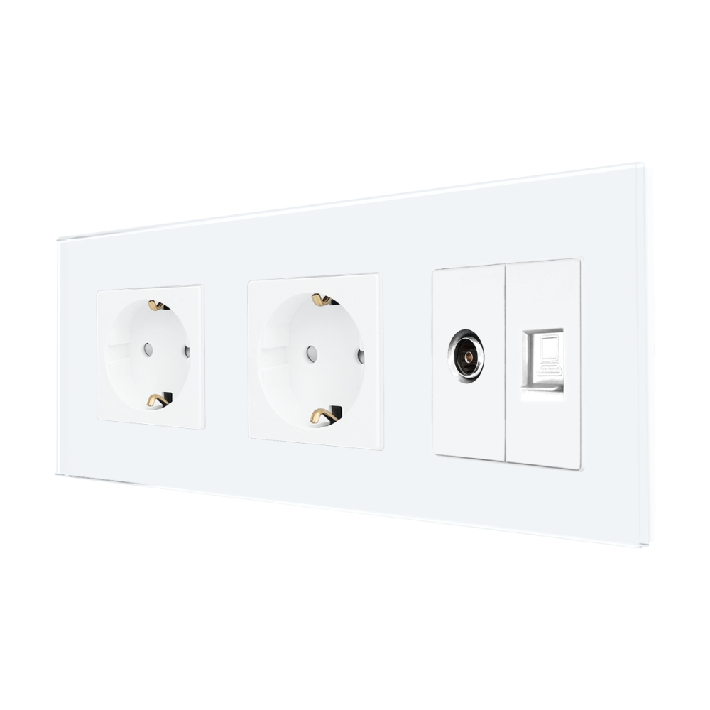 Priza Dubla Schuko + TV + Internet cu Rama Din Sticla LUXION - alb