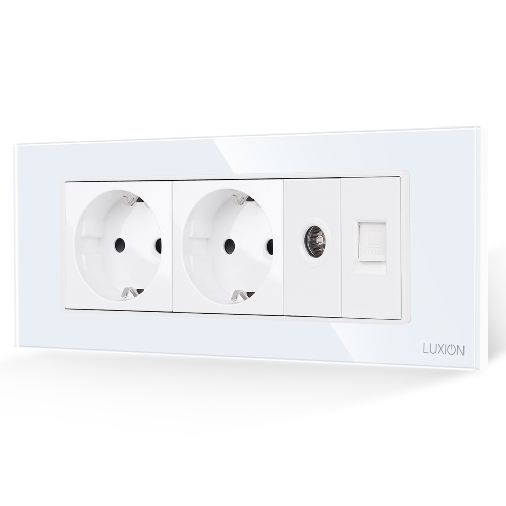 Priza Dubla Schuko + TV + Internet cu Rama din Sticla LUXION, Standard Italian, 6M - alb
