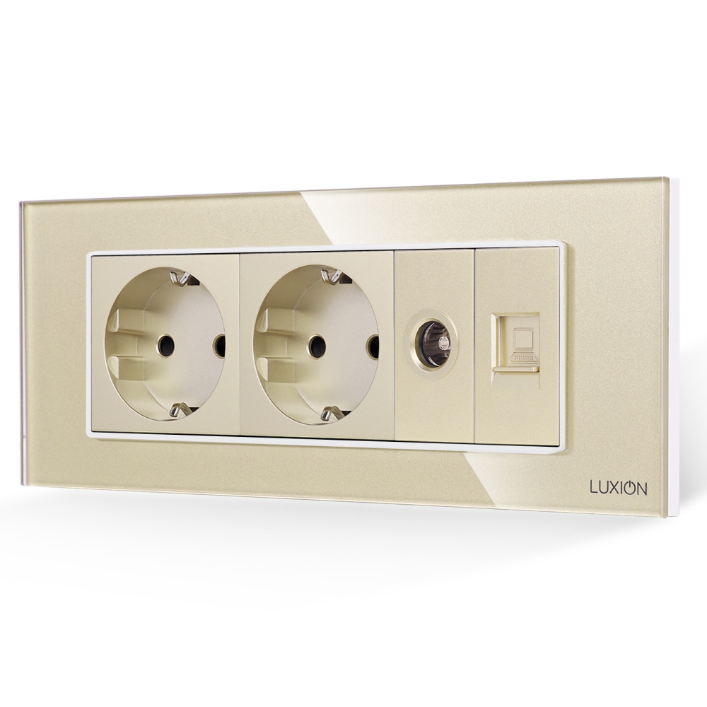 Priza Dubla Schuko + TV + Internet cu Rama din Sticla LUXION, Standard Italian, 6M - auriu