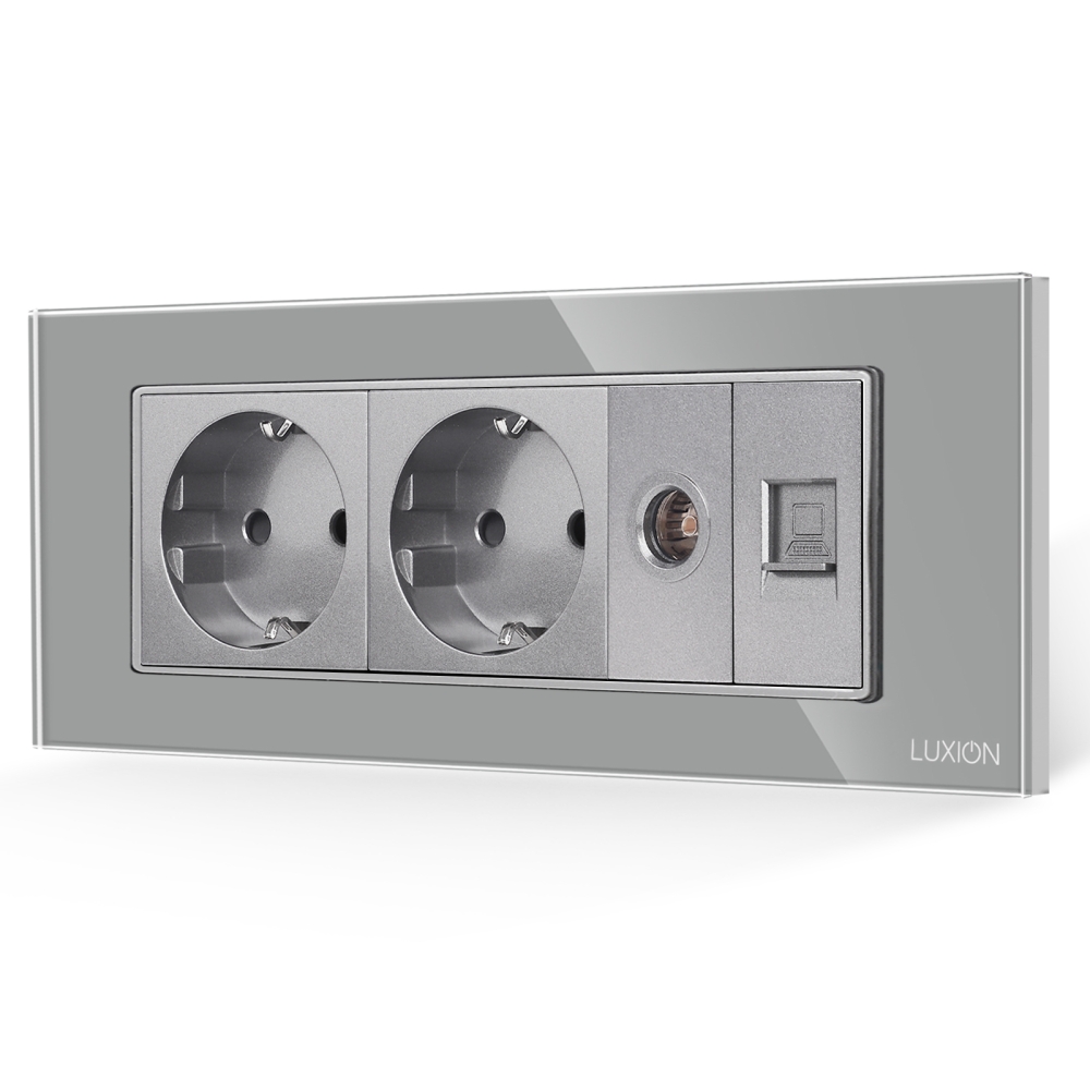Priza Dubla Schuko + TV + Internet cu Rama din Sticla LUXION, Standard Italian, 6M - gri