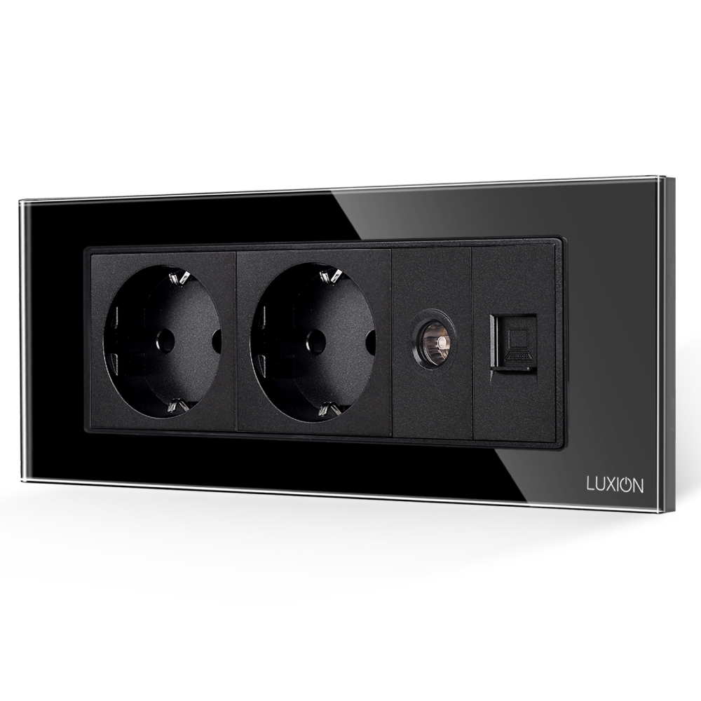 Priza Dubla Schuko + TV + Internet cu Rama din Sticla LUXION, Standard Italian, 6M - negru