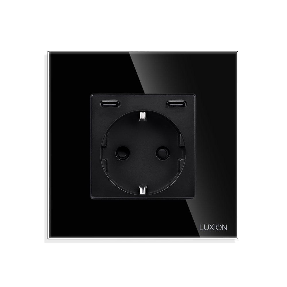 Priza Fast Charge 20W - USB-C+C cu Rama din Sticla LUXION - negru