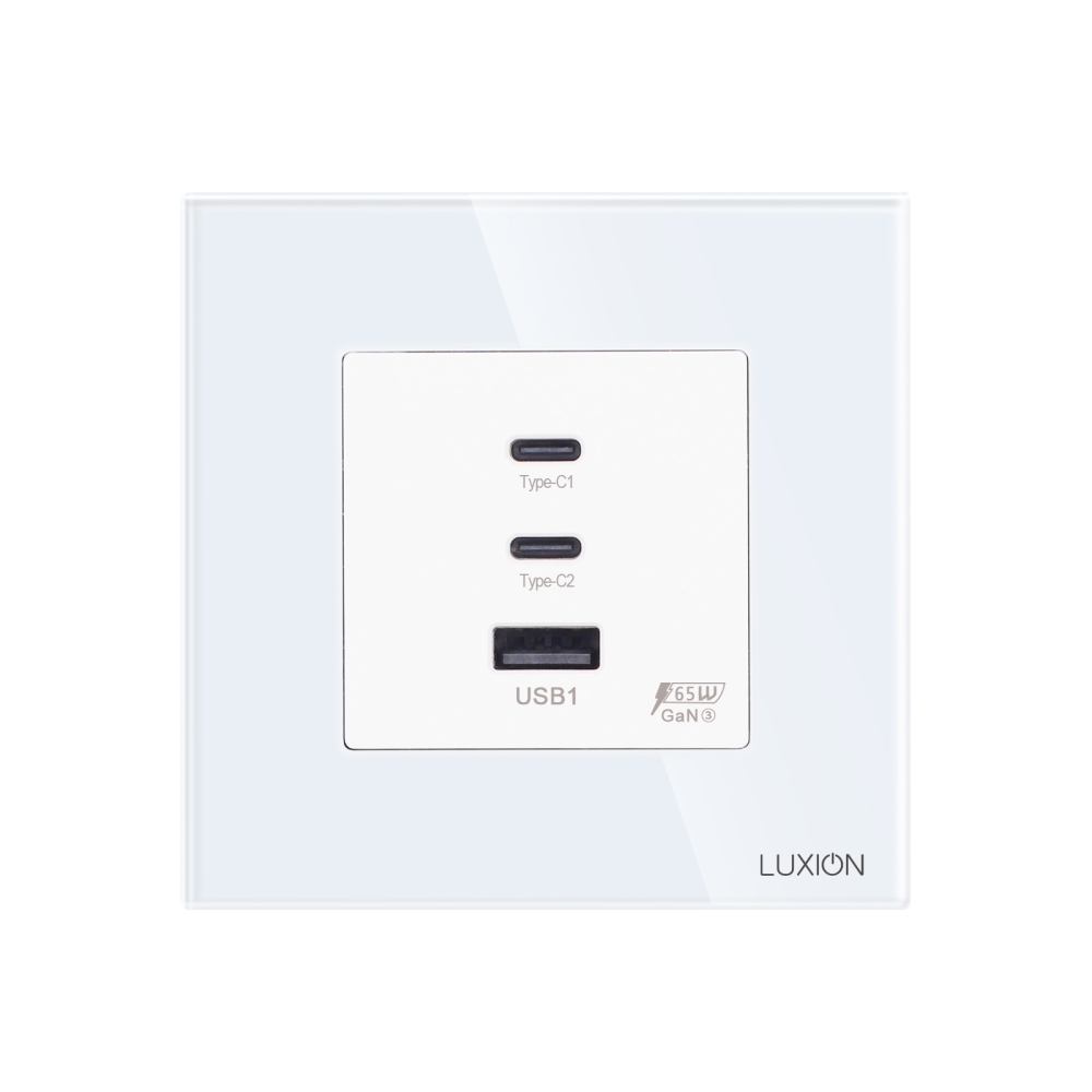 Priza Fast Charge 65W - USB-A + 2 x USB-C cu Rama din Sticla LUXION - alb
