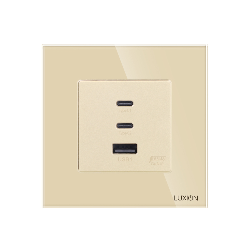 Priza Fast Charge 65W - USB-A + 2 x USB-C cu Rama din Sticla LUXION - auriu
