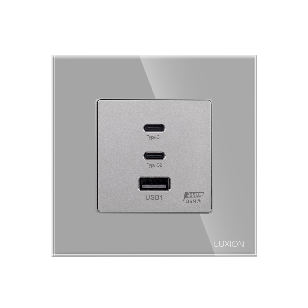 Priza Fast Charge 65W - USB-A + 2 x USB-C cu Rama din Sticla LUXION - gri