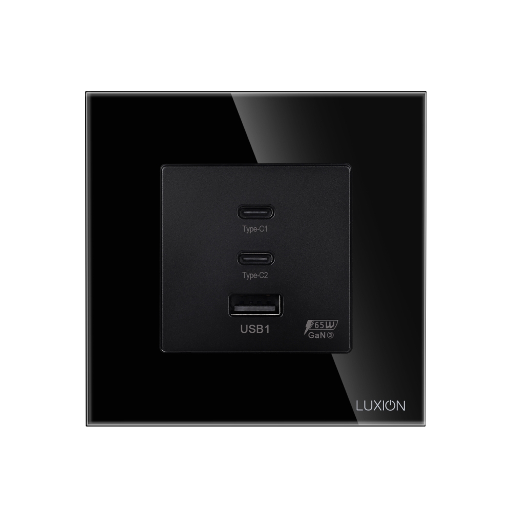 Priza Fast Charge 65W - USB-A + 2 x USB-C cu Rama din Sticla LUXION - negru