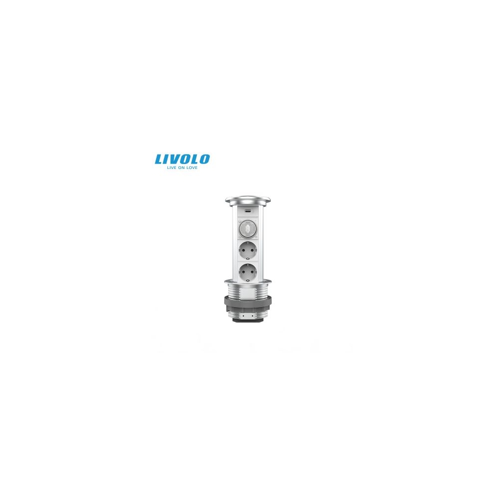 Priza incastrabila Pop Up, Silver, echipata cu USB, incarcator Wireless + Difuzor+ 2 Prize 2M