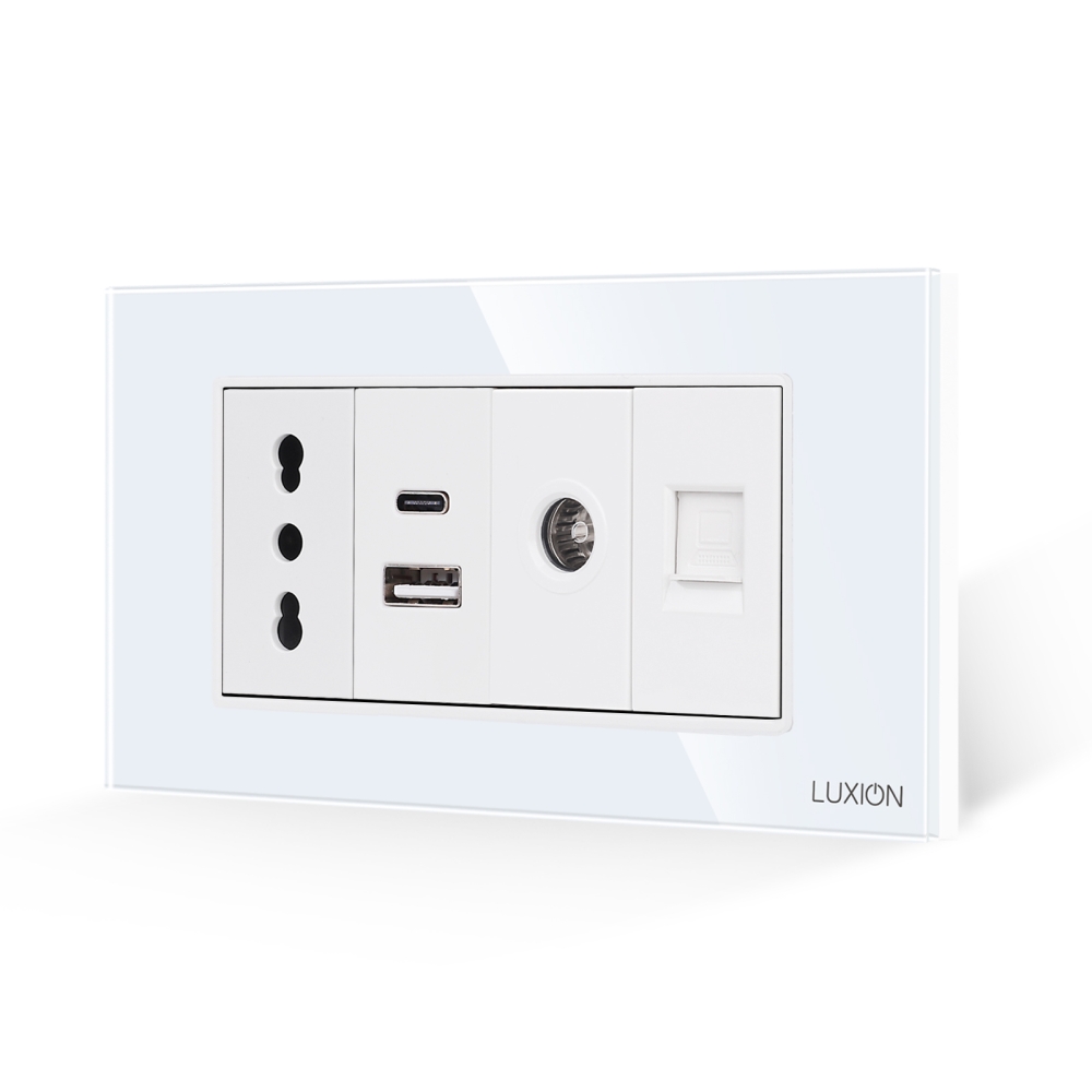 Priza Ingusta + Dubla USB + TV + Internet cu Rama Din Sticla LUXION, Standard Italian, 4M - alb