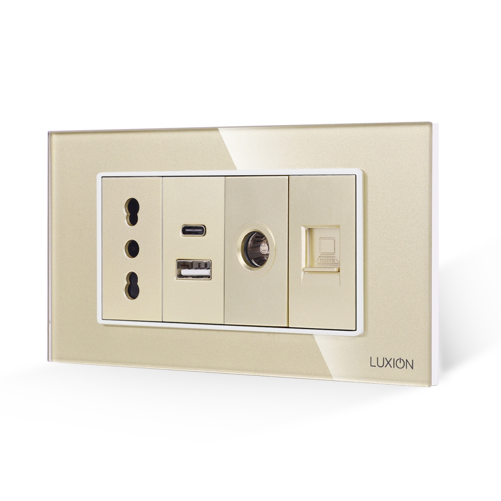 Priza Ingusta + Dubla USB + TV + Internet cu Rama Din Sticla LUXION, Standard Italian, 4M - auriu