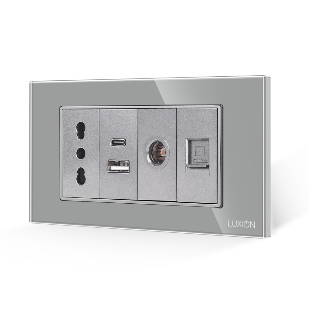 Priza Ingusta + Dubla USB + TV + Internet cu Rama Din Sticla LUXION, Standard Italian, 4M - gri
