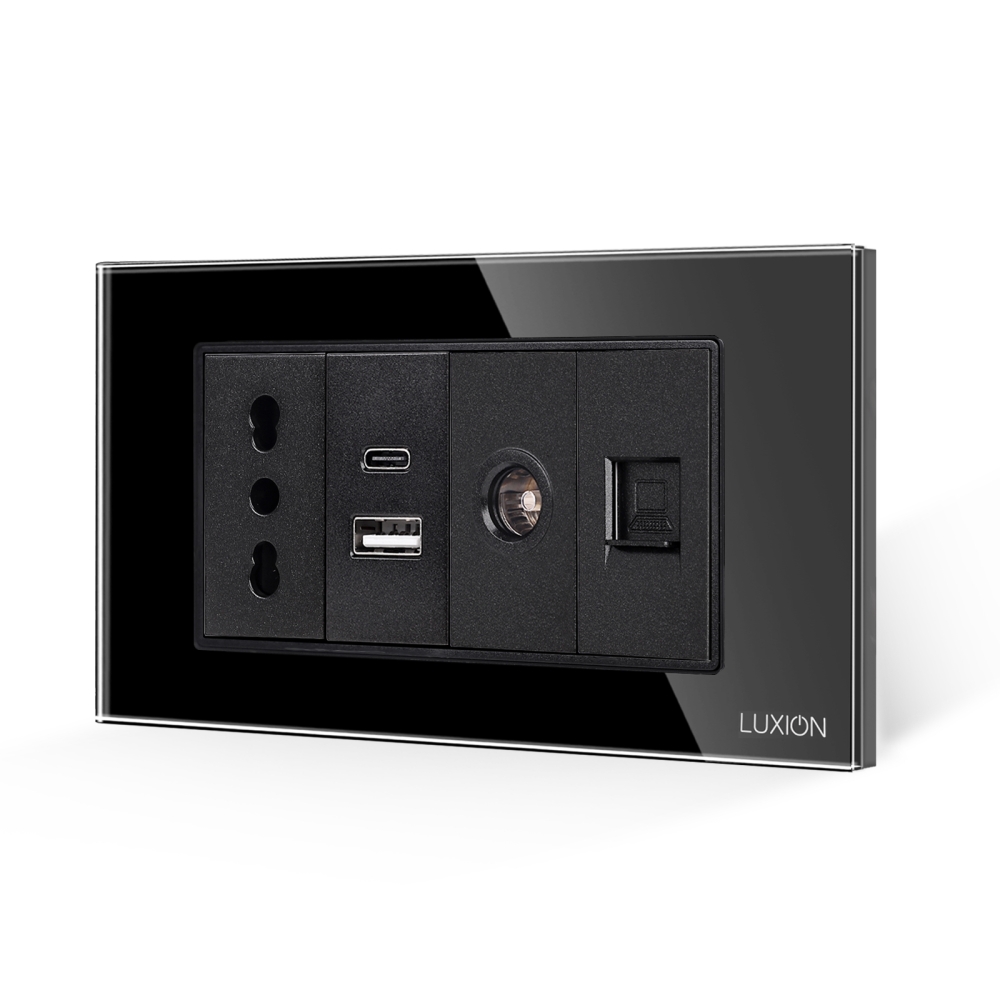 Priza Ingusta + Dubla USB + TV + Internet cu Rama Din Sticla LUXION, Standard Italian, 4M - negru