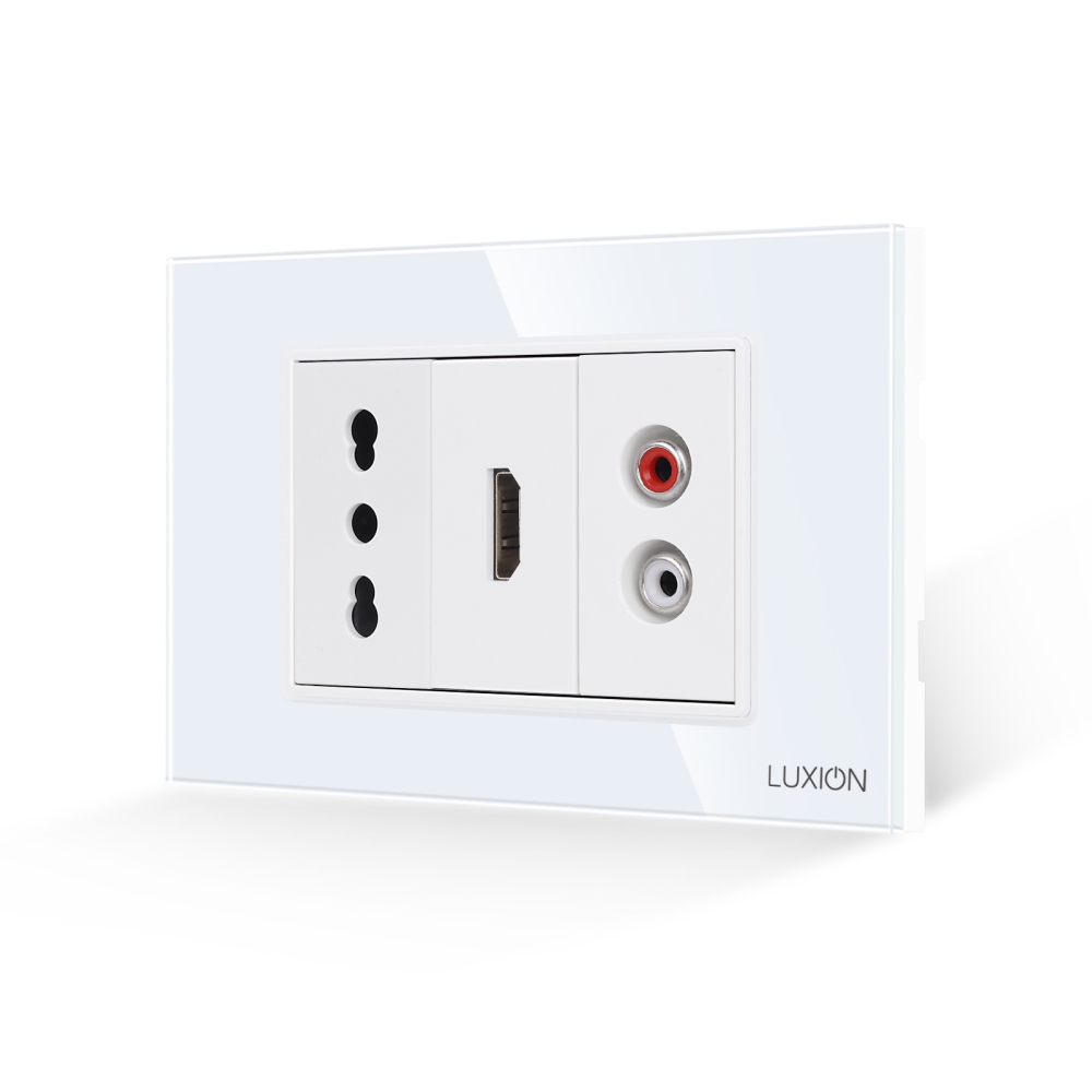 Priza Ingusta + HDMI + Audio cu Rama Din Sticla LUXION, Standard Italian, 3M - alb
