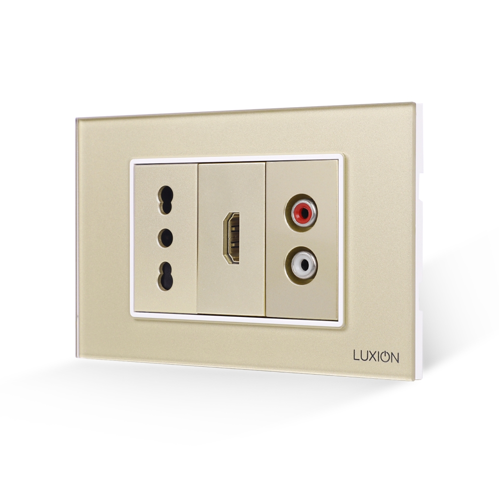 Priza Ingusta + HDMI + Audio cu Rama Din Sticla LUXION, Standard Italian, 3M - auriu
