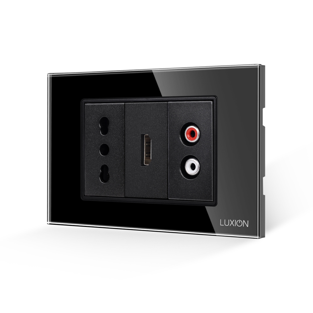 Priza Ingusta + HDMI + Audio cu Rama Din Sticla LUXION, Standard Italian, 3M - negru