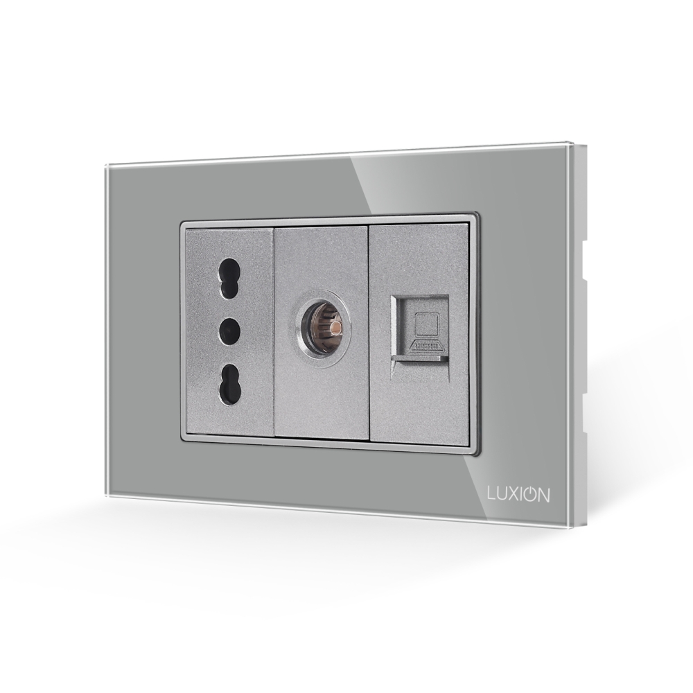 Priza Ingusta + TV + Internet cu Rama din Sticla LUXION, Standard Italian, 3M - gri