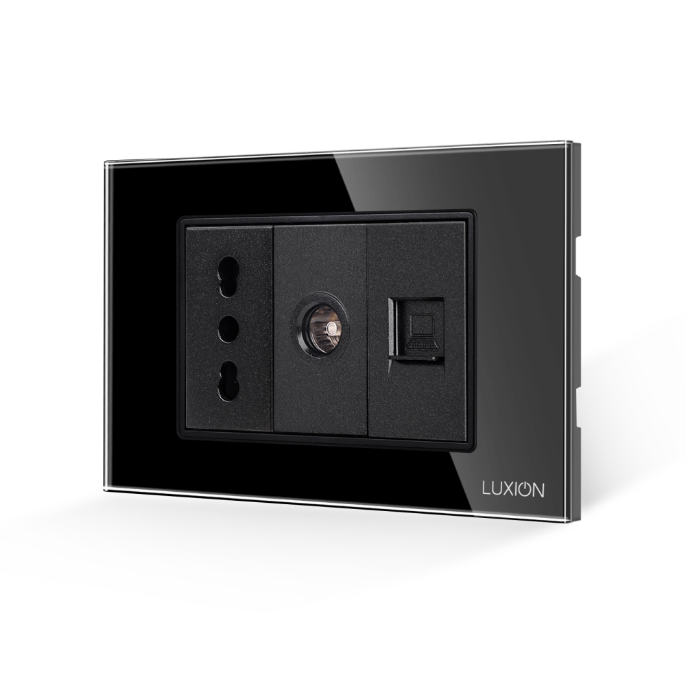 Priza Ingusta + TV + Internet cu Rama din Sticla LUXION, Standard Italian, 3M - negru