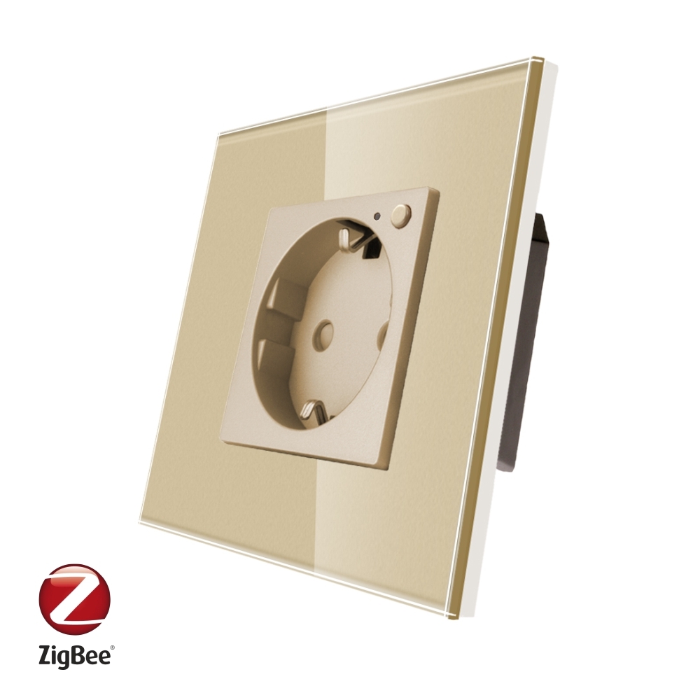 Priza Inteligenta cu Protocol Zigbee si Monitorizare Consum cu Rama Din Sticla LUXION - auriu