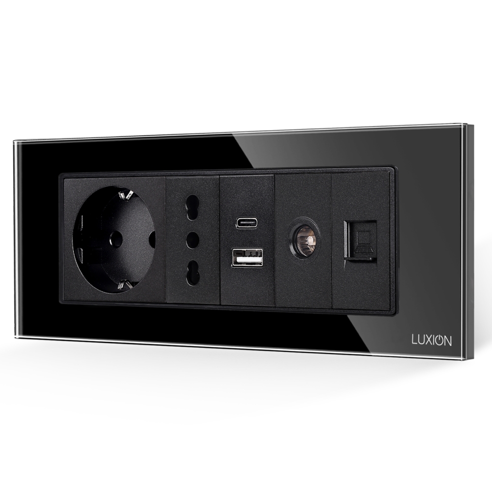 Priza Schuko + Ingusta + Dubla USB + TV + Internet cu Rama Din Sticla LUXION, Standard Italian, 6M - negru