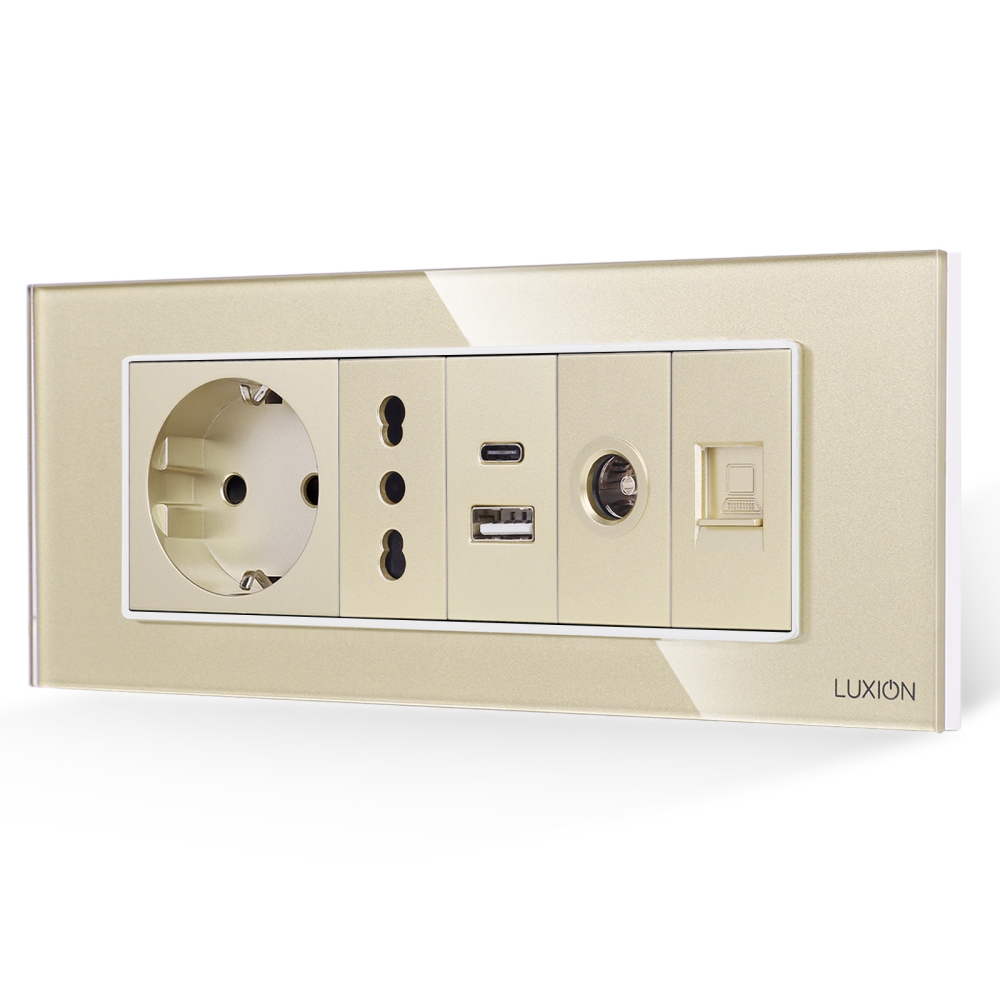 Priza Schuko + Ingusta + Dubla USB + TV + Internet cu Rama Din Sticla LUXION, Standard Italian, 6M - auriu