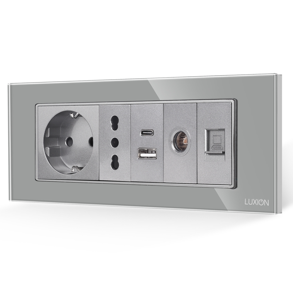 Priza Schuko + Ingusta + Dubla USB + TV + Internet cu Rama Din Sticla LUXION, Standard Italian, 6M - gri