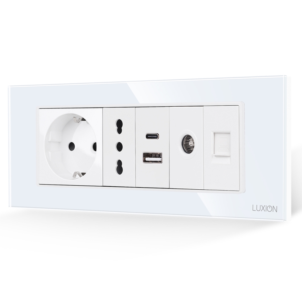 Priza Schuko + Ingusta + Dubla USB + TV + Internet cu Rama Din Sticla LUXION, Standard Italian, 6M - alb