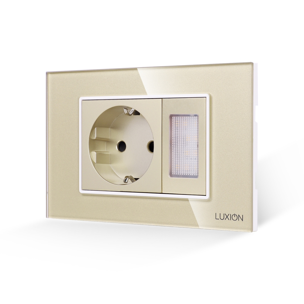 Priza Schuko + Lampa de Veghe cu Rama din Sticla LUXION, Standard Italian, 3M - auriu