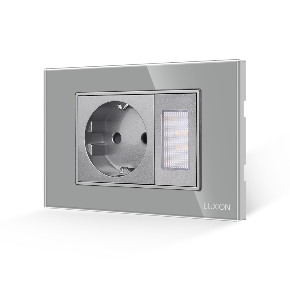 Priza Schuko + Lampa de Veghe cu Rama din Sticla LUXION, Standard Italian, 3M - gri
