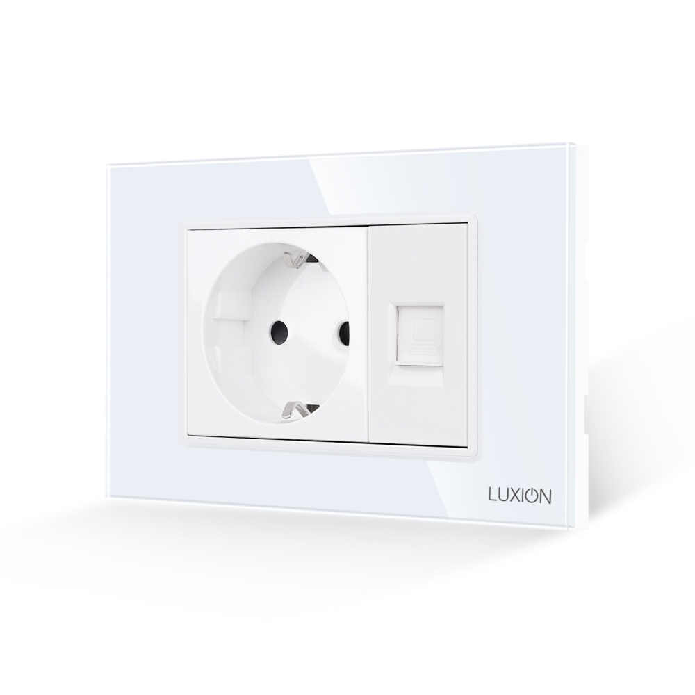 Priza Schuko + Priza Internet cu Rama din Sticla LUXION, Standard Italian, 3M - alb