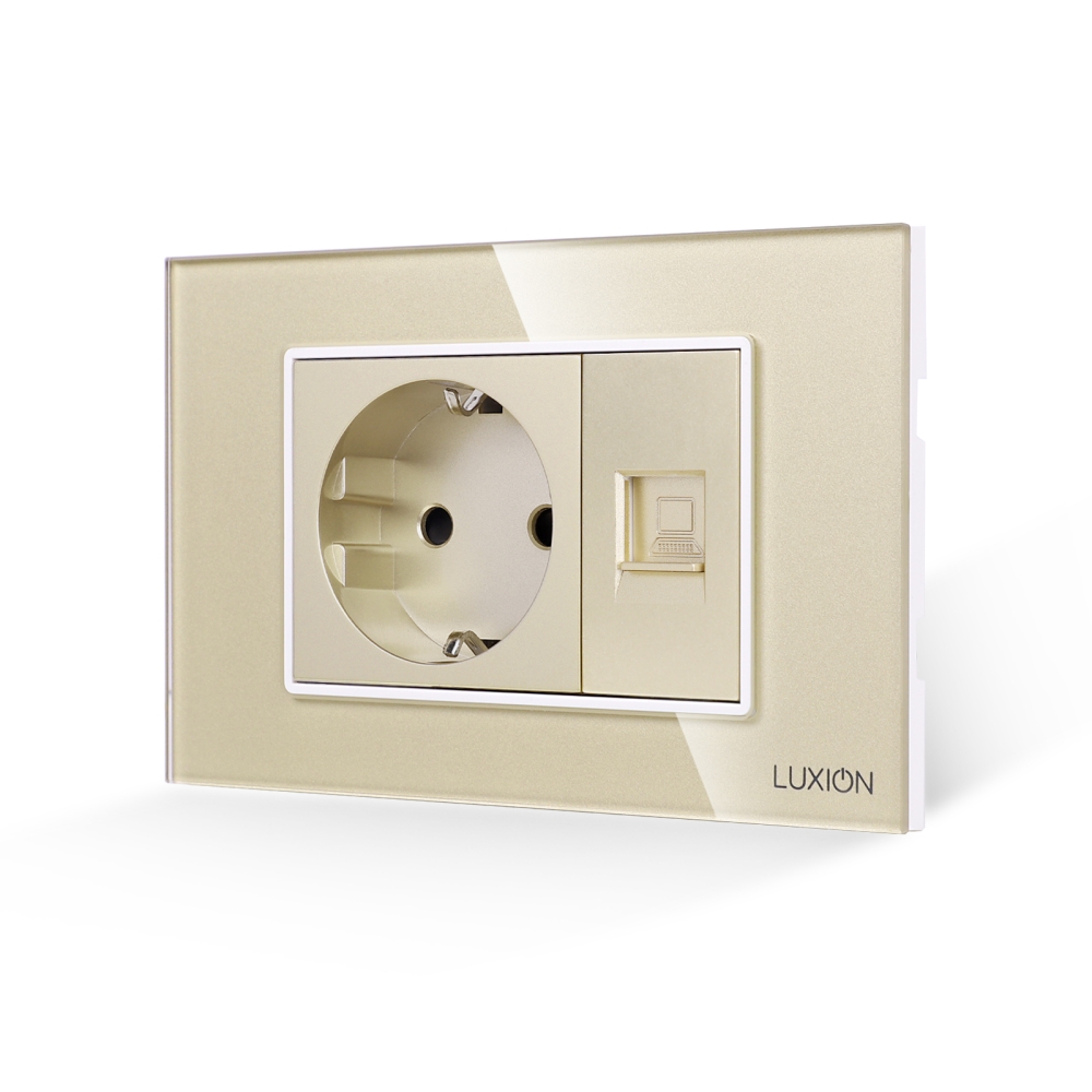 Priza Schuko + Priza Internet cu Rama din Sticla LUXION, Standard Italian, 3M - auriu