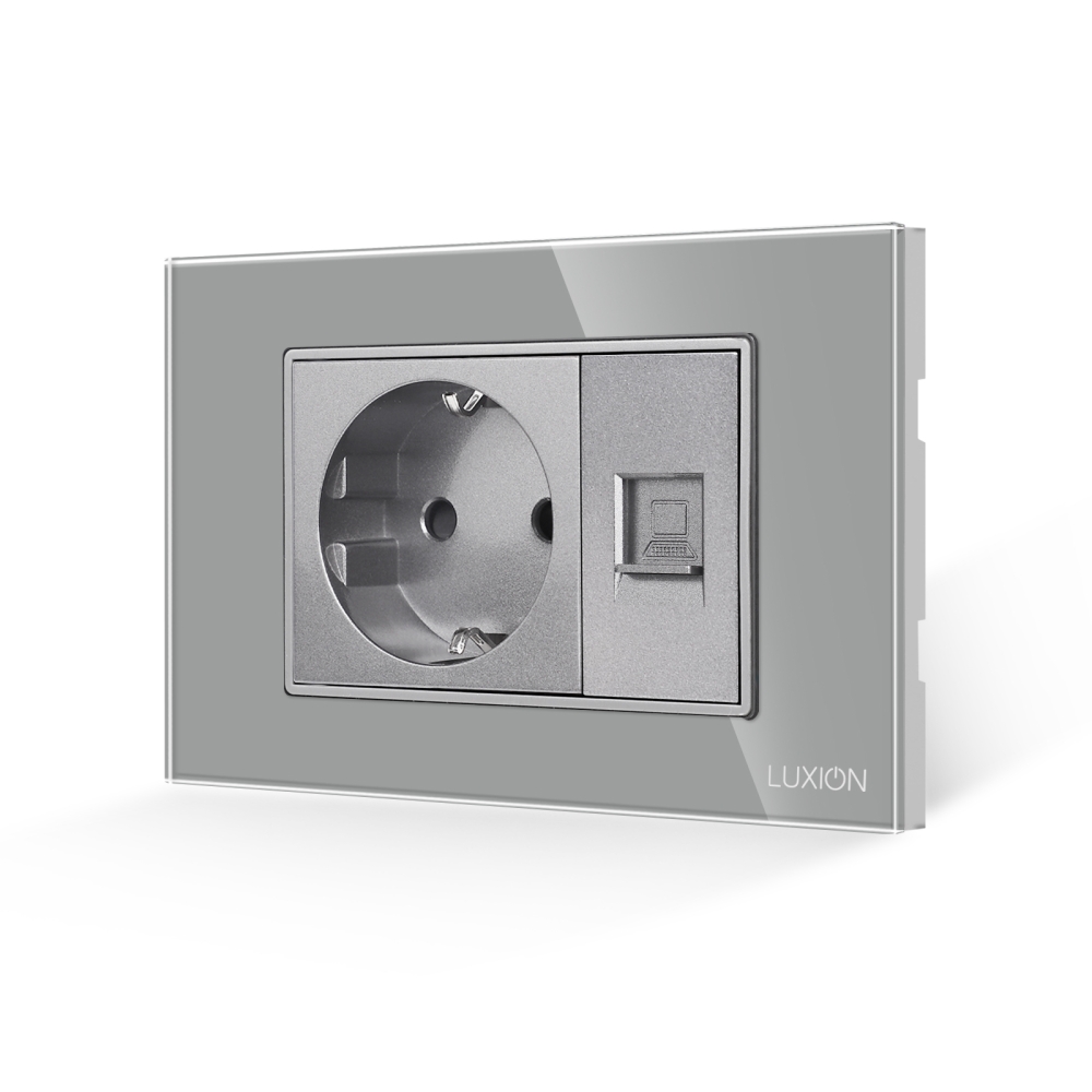 Priza Schuko + Priza Internet cu Rama din Sticla LUXION, Standard Italian, 3M - gri