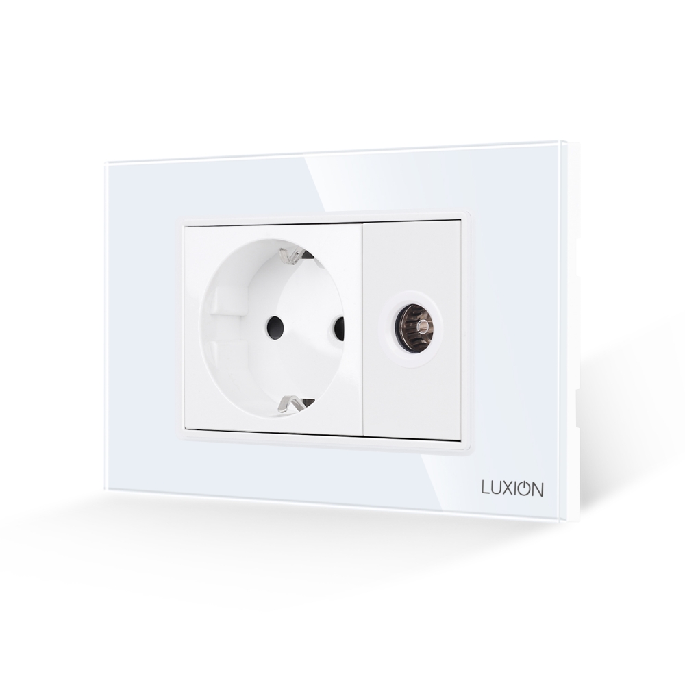 Priza Schuko + Priza TV cu Rama din Sticla LUXION, Standard Italian, 3M - alb