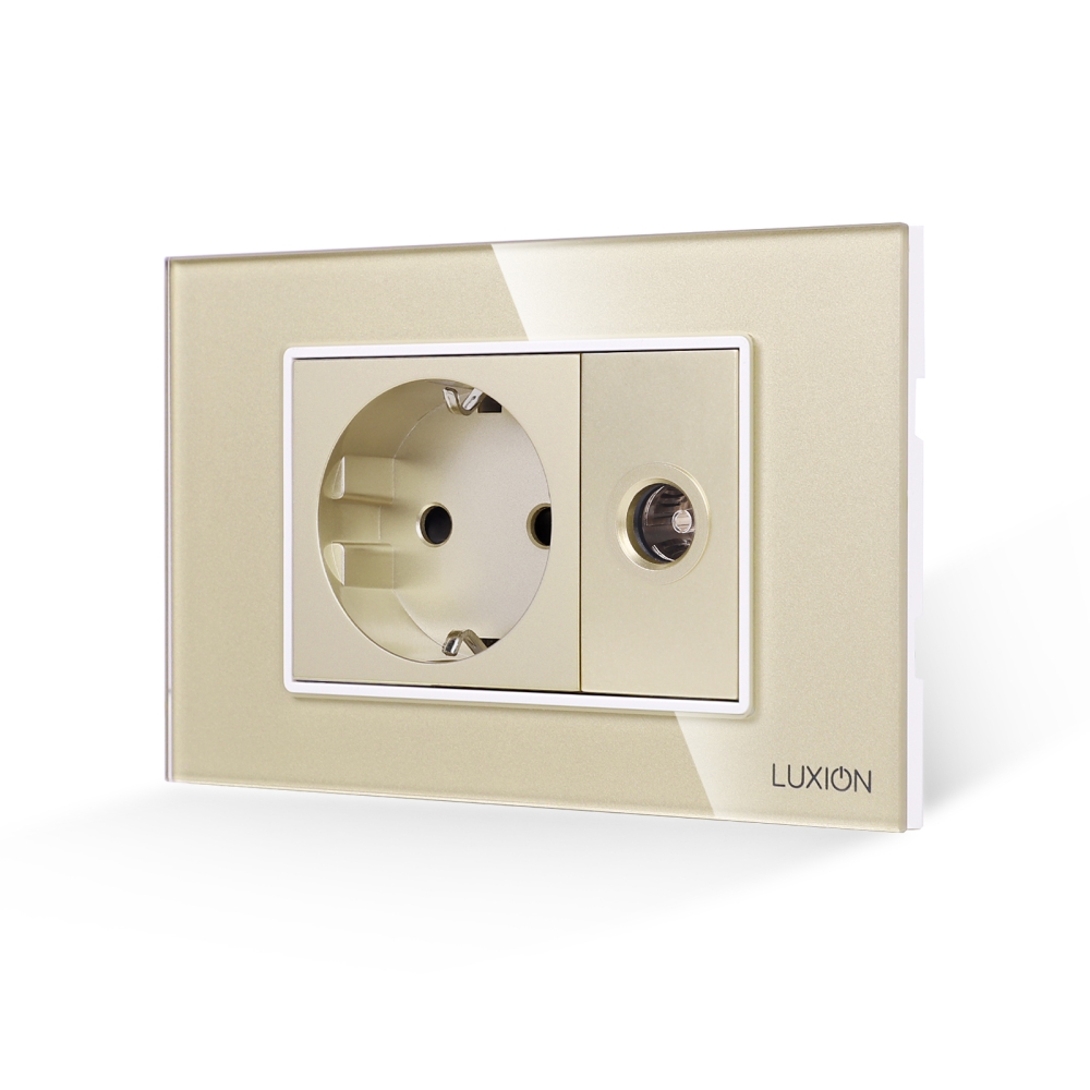Priza Schuko + Priza TV cu Rama din Sticla LUXION, Standard Italian, 3M - auriu