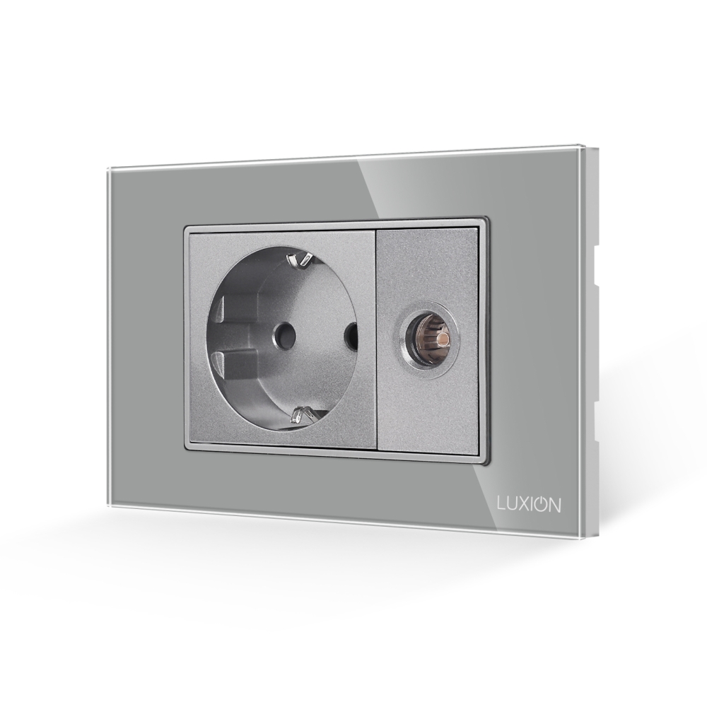 Priza Schuko + Priza TV cu Rama din Sticla LUXION, Standard Italian, 3M - gri