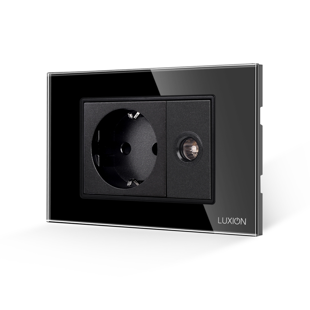 Priza Schuko + Priza TV cu Rama din Sticla LUXION, Standard Italian, 3M - negru
