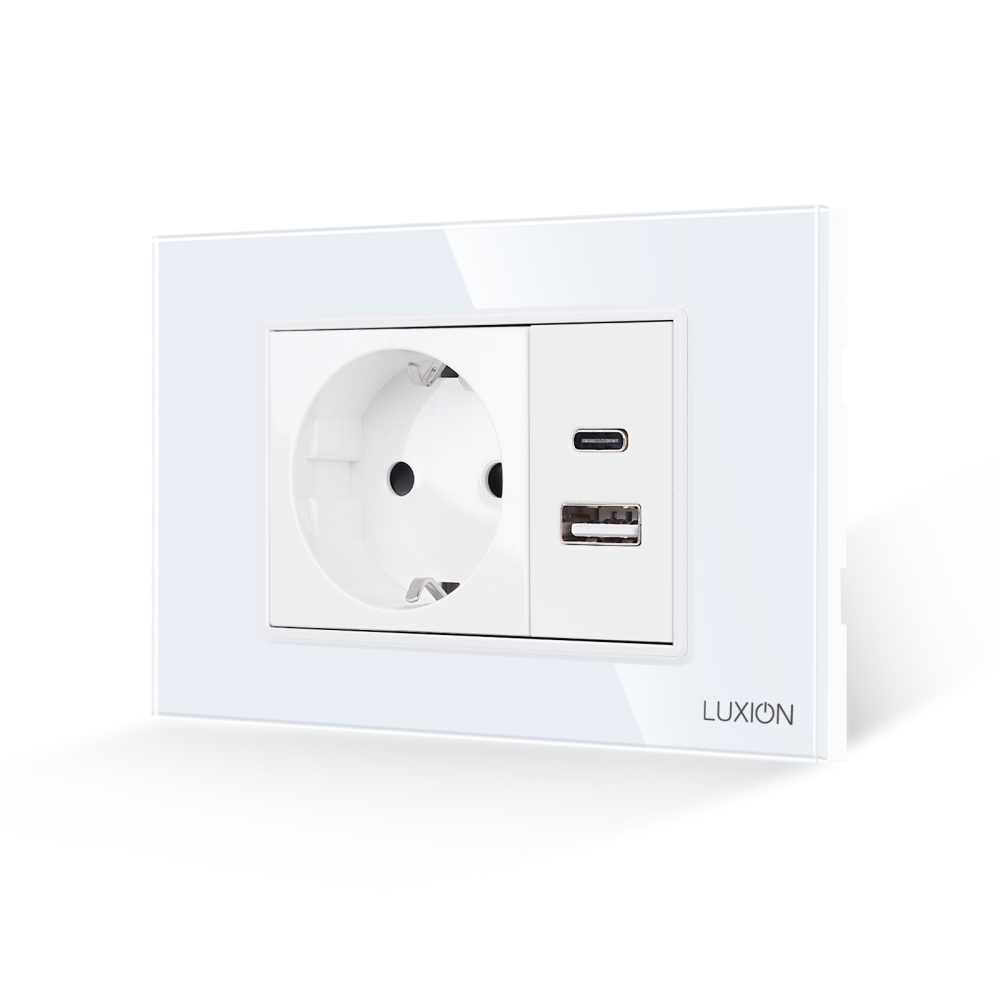 Priza Schuko si USB A+C cu Rama din Sticla LUXION, Standard Italian, 3M - alb