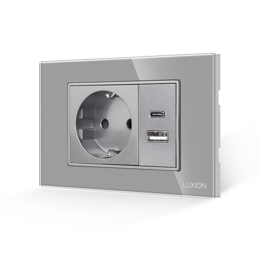 Priza Schuko si USB A+C cu Rama din Sticla LUXION, Standard Italian, 3M - gri