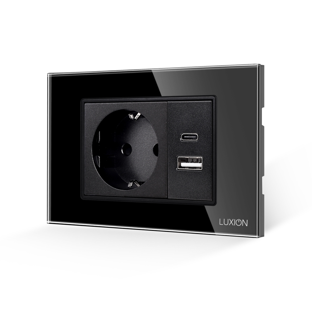 Priza Schuko si USB A+C cu Rama din Sticla LUXION, Standard Italian, 3M - negru