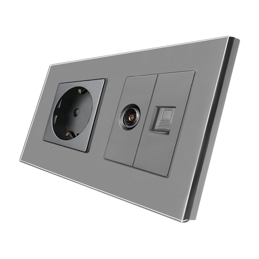 Priza Schuko + TV + Internet cu Rama Din Sticla LUXION - gri