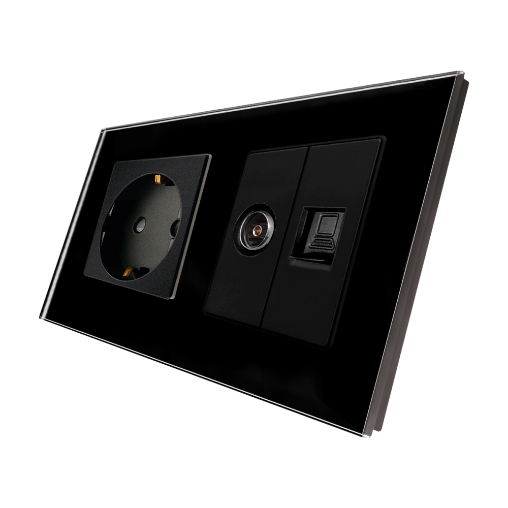 Priza Schuko + TV + Internet cu Rama Din Sticla LUXION - negru