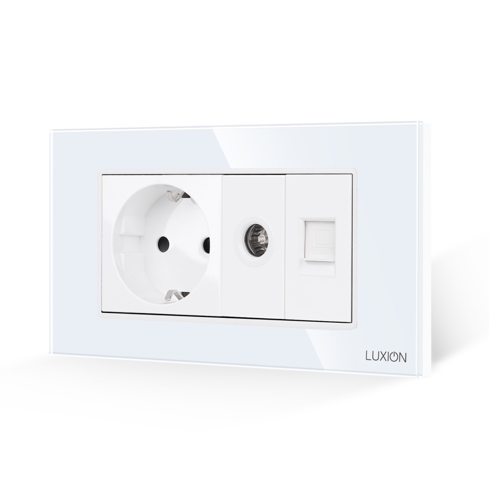 Priza Schuko + TV + Internet cu Rama Din Sticla LUXION, Standard Italian, 4M - alb