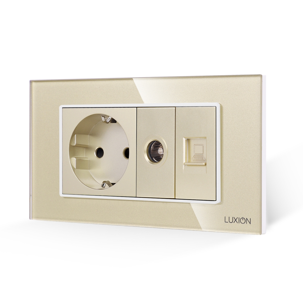 Priza Schuko + TV + Internet cu Rama Din Sticla LUXION, Standard Italian, 4M - auriu