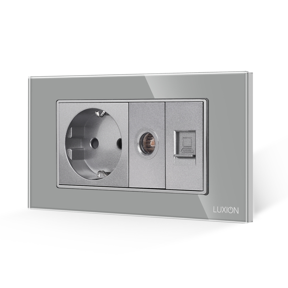Priza Schuko + TV + Internet cu Rama Din Sticla LUXION, Standard Italian, 4M - gri