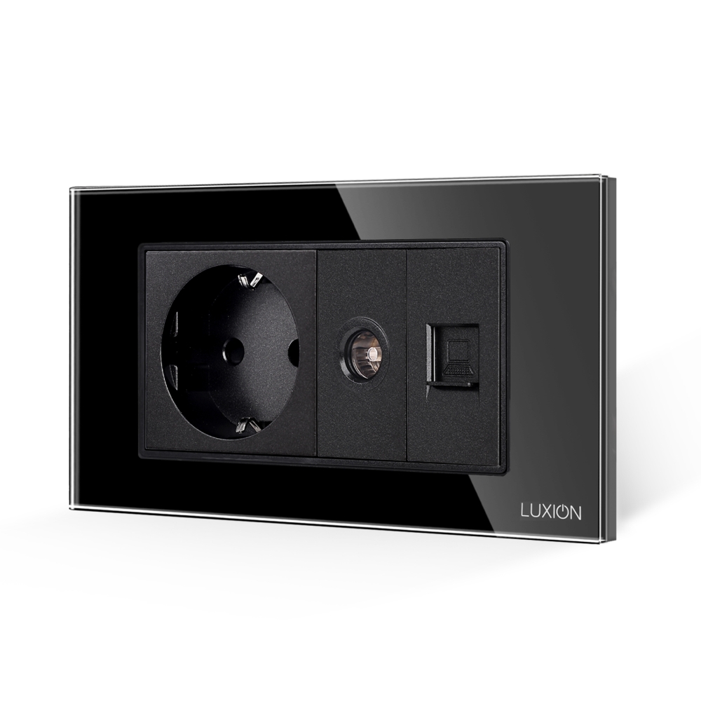 Priza Schuko + TV + Internet cu Rama Din Sticla LUXION, Standard Italian, 4M - negru