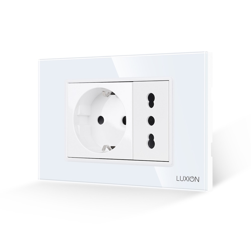 Priza Schuko + Universala Italiana cu Rama din Sticla LUXION, Standard Italian, 3M - alb