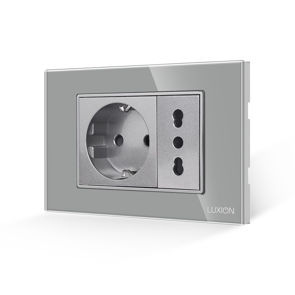 Priza Schuko + Universala Italiana cu Rama din Sticla LUXION, Standard Italian, 3M - gri