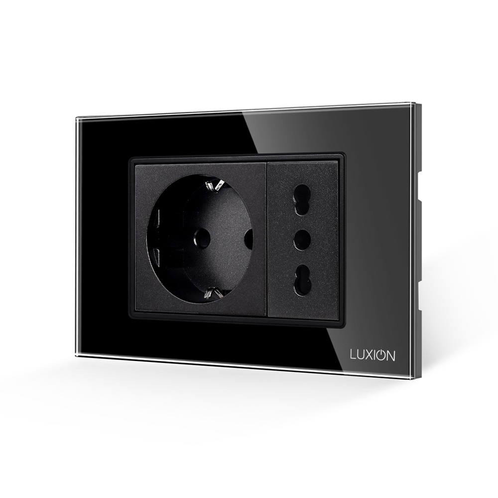 Priza Schuko + Universala Italiana cu Rama din Sticla LUXION, Standard Italian, 3M - negru