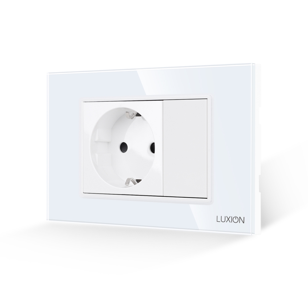 Priza Simpla si 1 Tasta Falsa cu Rama din Sticla LUXION, Standard Italian, 3M - alb