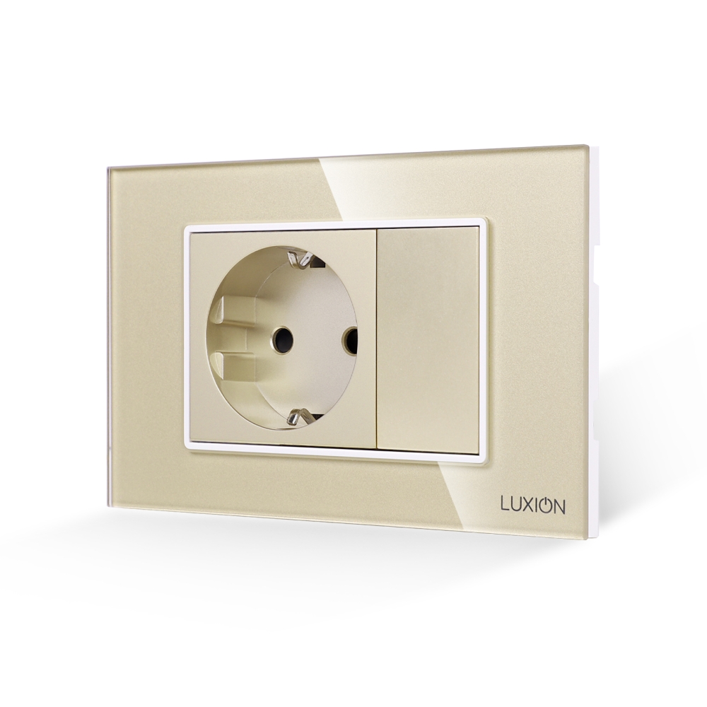 Priza Simpla si 1 Tasta Falsa cu Rama din Sticla LUXION, Standard Italian, 3M - auriu