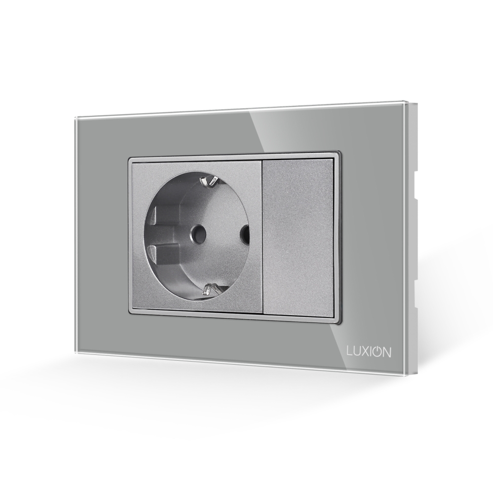 Priza Simpla si 1 Tasta Falsa cu Rama din Sticla LUXION, Standard Italian, 3M - gri