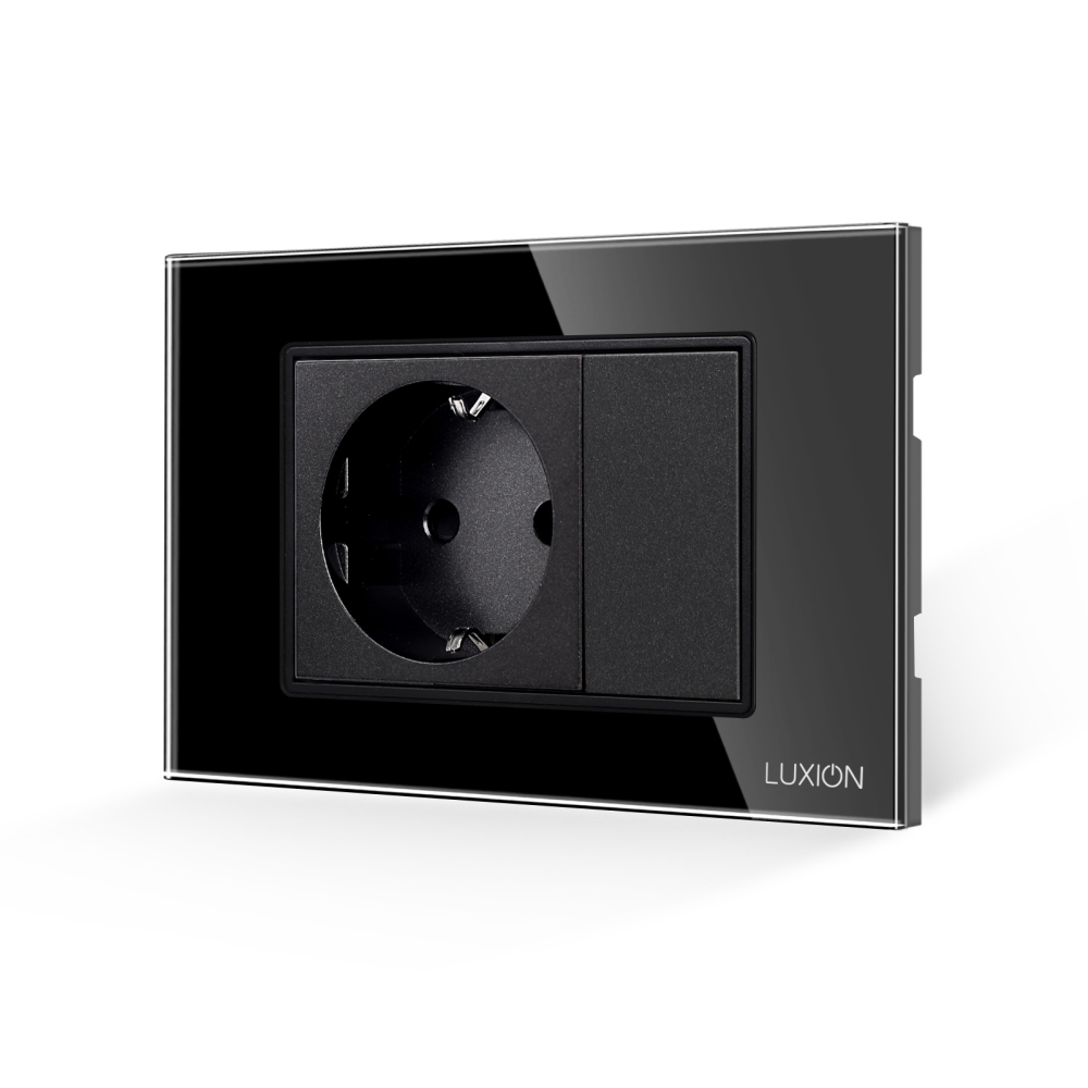 Priza Simpla si 1 Tasta Falsa cu Rama din Sticla LUXION, Standard Italian, 3M - negru